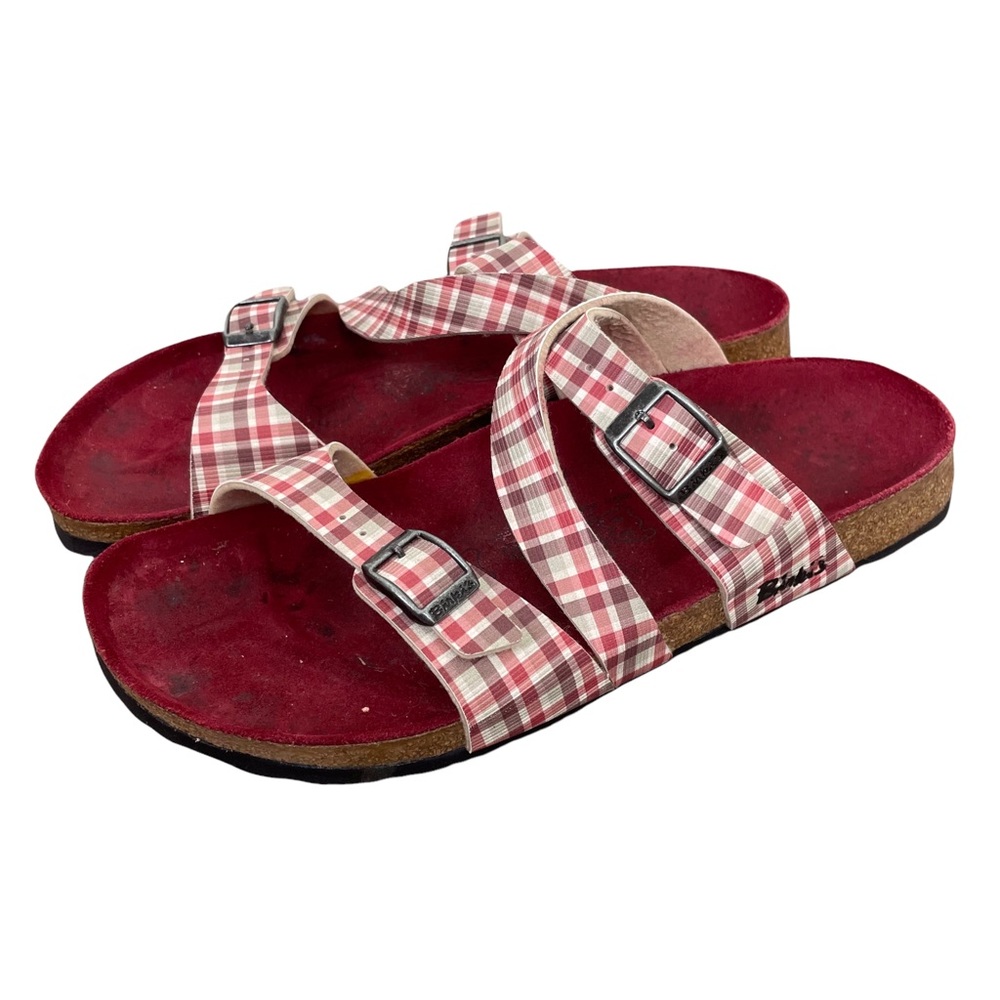 Birkis by Birkenstock Franca 3 Strap Red White Brown Plaid Sandals Size 11